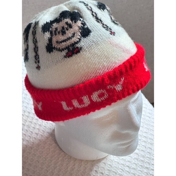 unknown Accessories - Peanuts Lucy Comic Knit Beanie Hat Red White Acrylic Winter Ski Accessory Vtg
